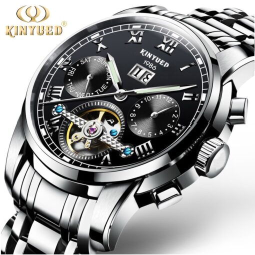 KINYUED Brand Automatic Watch Men Stainless Steel Self Wind Moon Calendar Watches