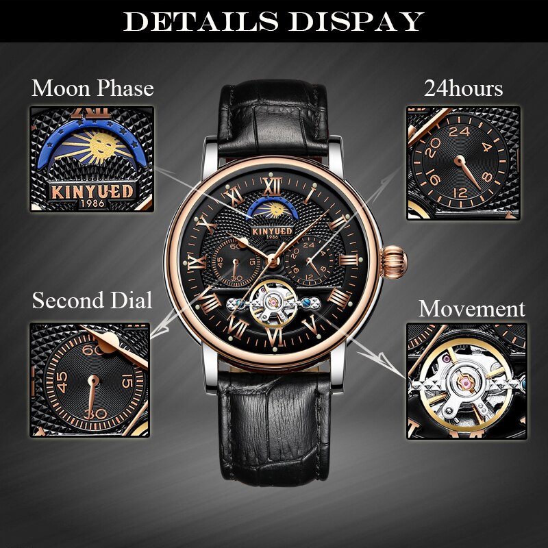KINYUED Chronograph Flying Tourbillon Automatic Watch Men Moon Phase  Mechanical Skeleton Watches