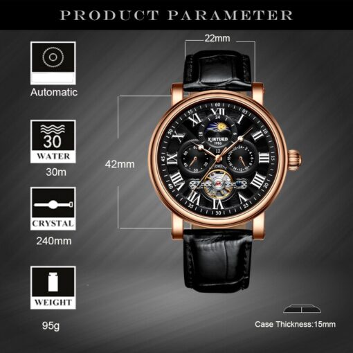 KINYUED Tourbillon Mechanical Watch Men Automatic Waterproof Skeleton Leather Moon Phase Watch - Image 2