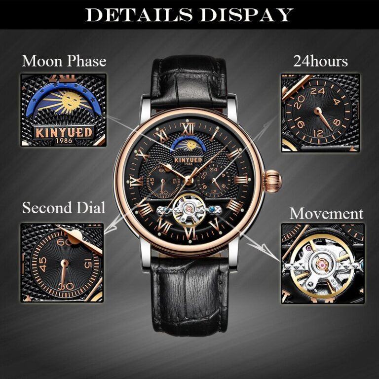 KINYUED Mechanical Watches Mens Tourbillon Automatic Moon Phase Watch