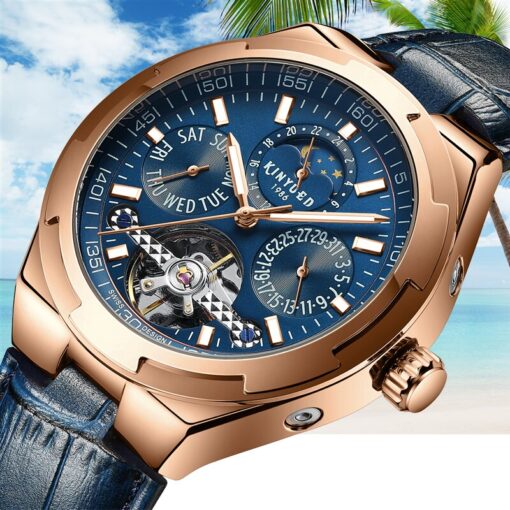 KINYUED Men Mechanical Wristwatches Automatic Watches Mens Skeleton Tourbillon Moonphase Watch
