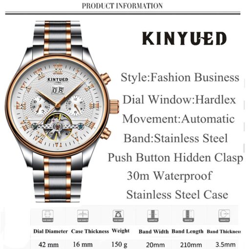 KINYUED Mens Perpetual Calendar Automatic Mechanical Watches Sapphire Stainless Steel Skeleton Watch - Image 3