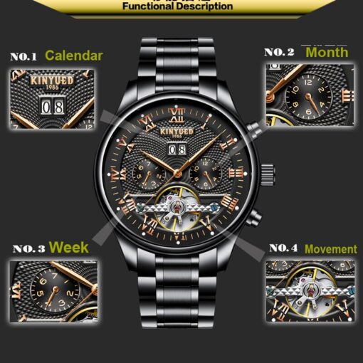 KINYUED Mens Perpetual Calendar Automatic Mechanical Watches Sapphire Stainless Steel Skeleton Watch - Image 5