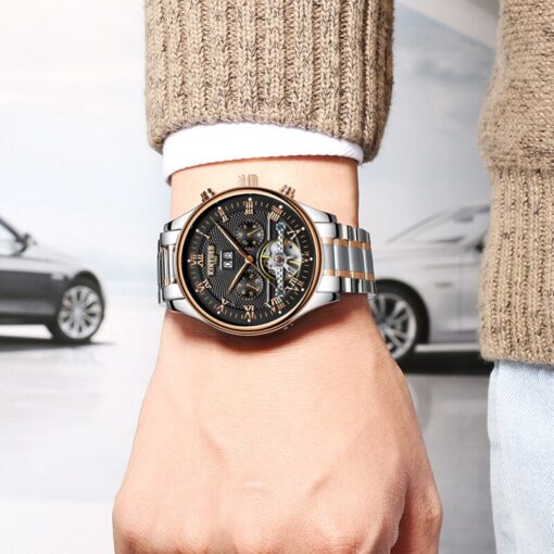KINYUED Mens Perpetual Calendar Automatic Mechanical Watches Sapphire Stainless Steel Skeleton Watch - Image 6
