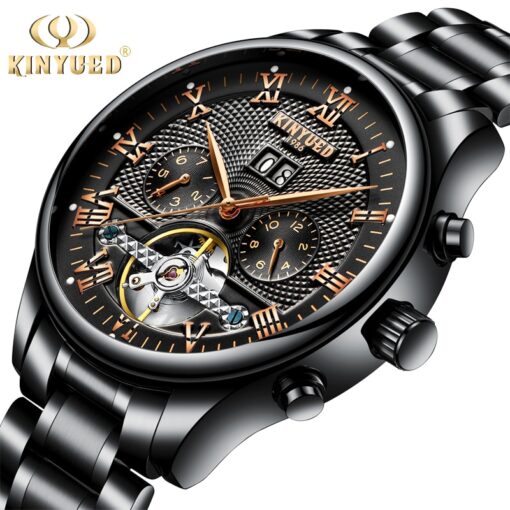 KINYUED Mens Perpetual Calendar Automatic Mechanical Watches Sapphire Stainless Steel Skeleton Watch